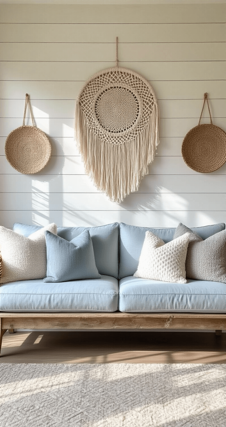 A cozy 12x10ft sitting room with a creamy white shiplap accent wall, featuring a centered pale blue loveseat adorned with textured throw pillows. A large circular macramé hanging and two smaller woven wall hangings decorate the wall, while a reclaimed wood shelf displays potted succulents and vintage brass objects, illuminated by soft morning light.