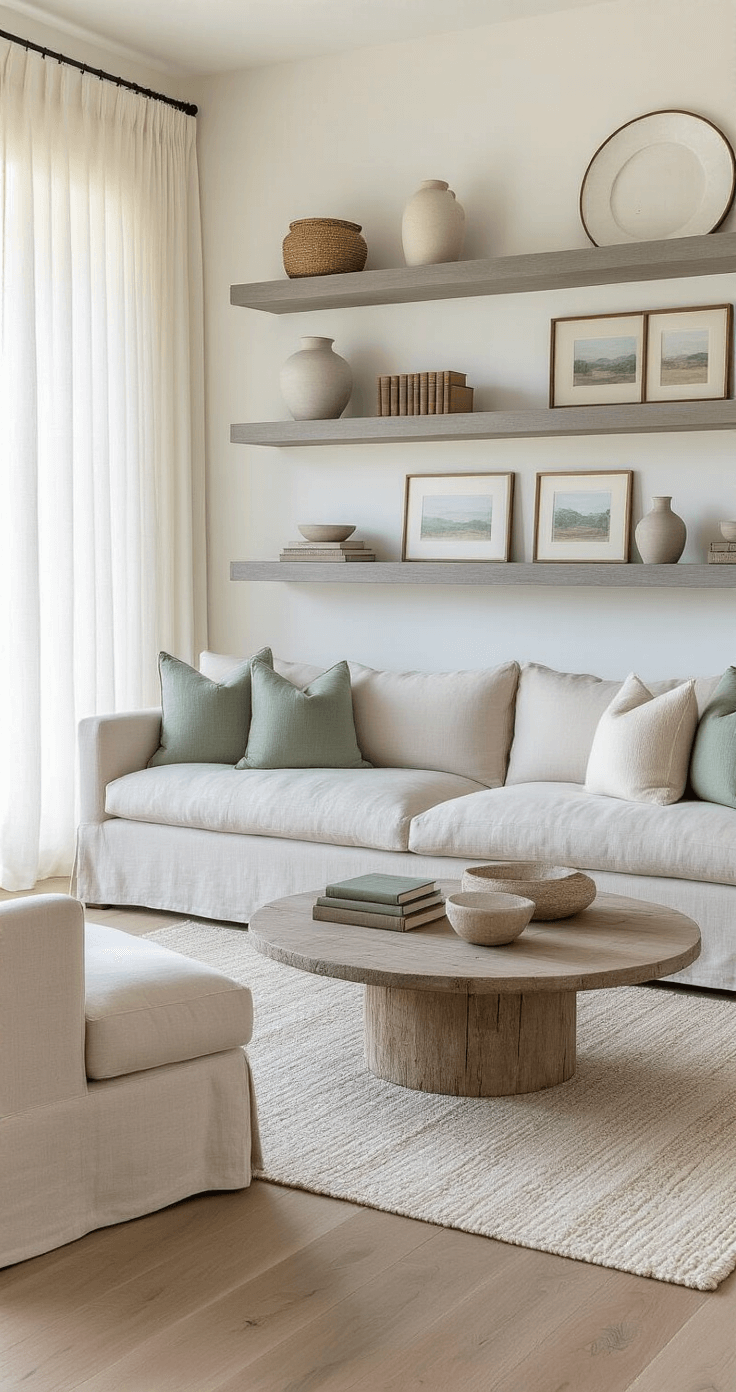 A serene living space with a linen slipcovered sofa, oversized floating shelves displaying neutral-toned decor, and a large round mirror, all bathed in soft afternoon sunlight.
