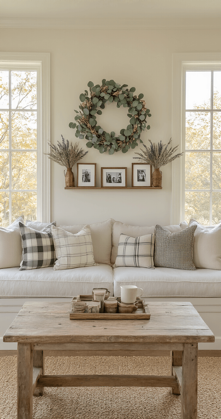 Cozy family room with a white sectional, muted plaid pillows, aged brass mirror, and dried flower wreaths, illuminated by golden hour light.