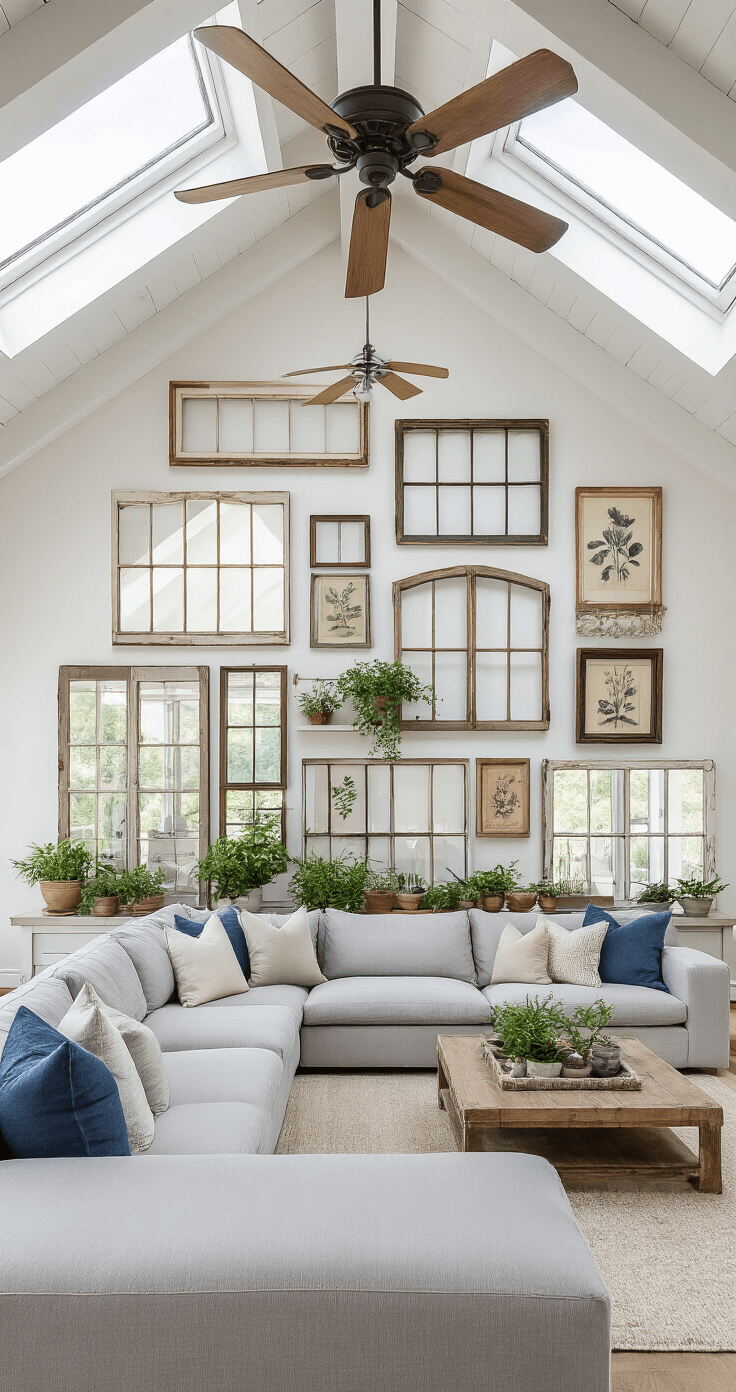 An airy great room with vaulted ceilings, featuring light gray sectional sofa, decorative pillows, an installation of antique window frames, vintage botanical prints, and lush potted plants, illuminated by bright midday light from skylights.