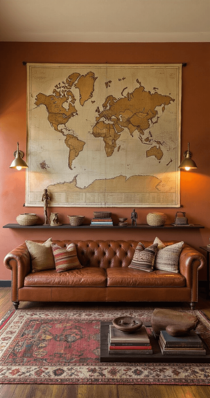 Cozy den featuring warm terracotta walls, hardwood floors, a deep cognac leather sofa with kilim pillows, a vintage map on the wall, swing-arm brass lamps, a dark walnut floating shelf with travel mementos, and a Moroccan pouf, all illuminated by soft lamplight.