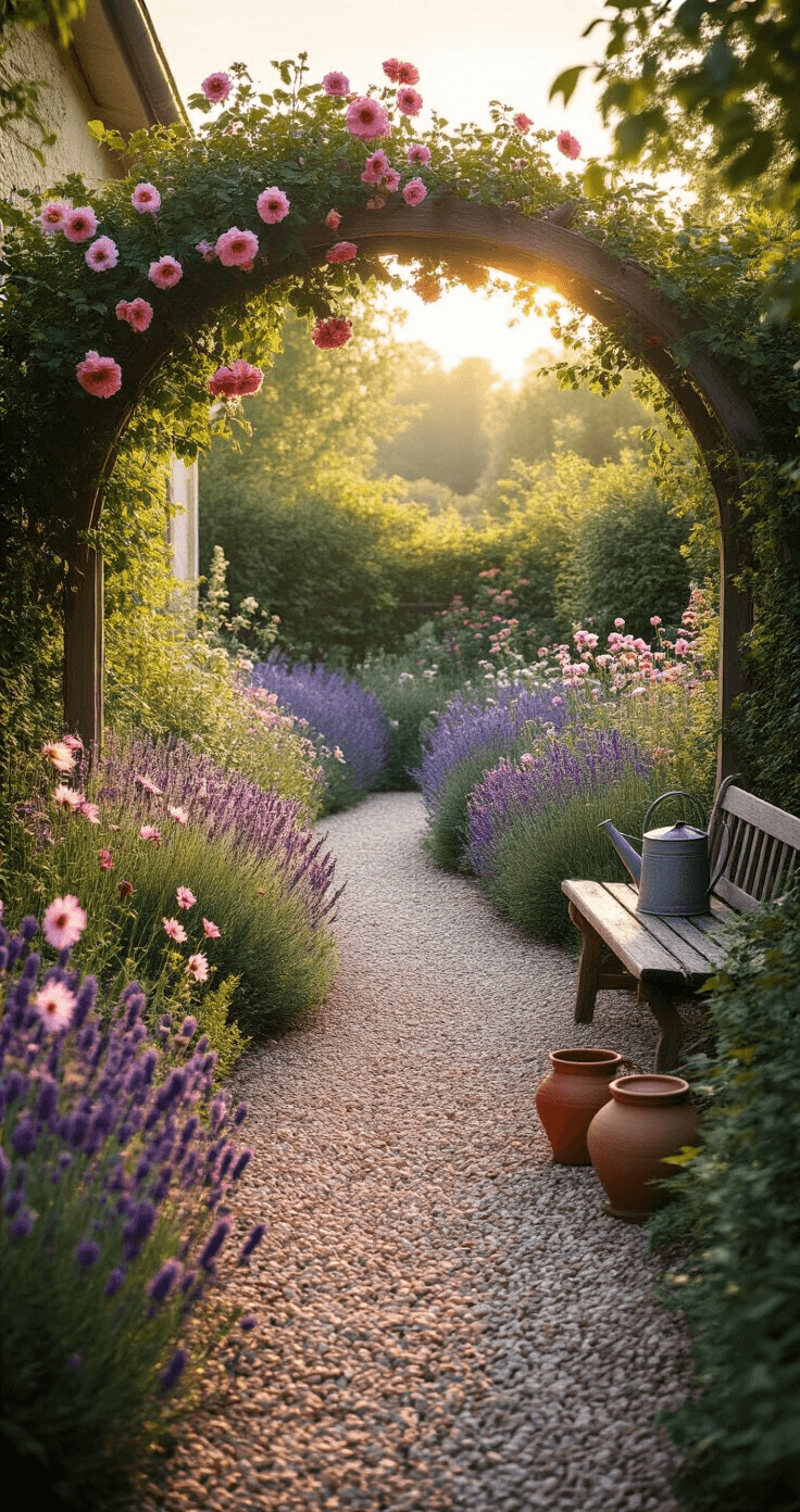 A sunlit cottage garden at golden hour, featuring a curved gravel path amidst layered plantings of lavender, foxgloves, and cosmos. A weathered wooden arch covered in climbing roses frames the scene, while soft light filters through the flowers. A vintage zinc watering can and terracotta pots are near a distressed wooden bench, with a color palette of dusty purple, salmon pink, cream, and sage green.