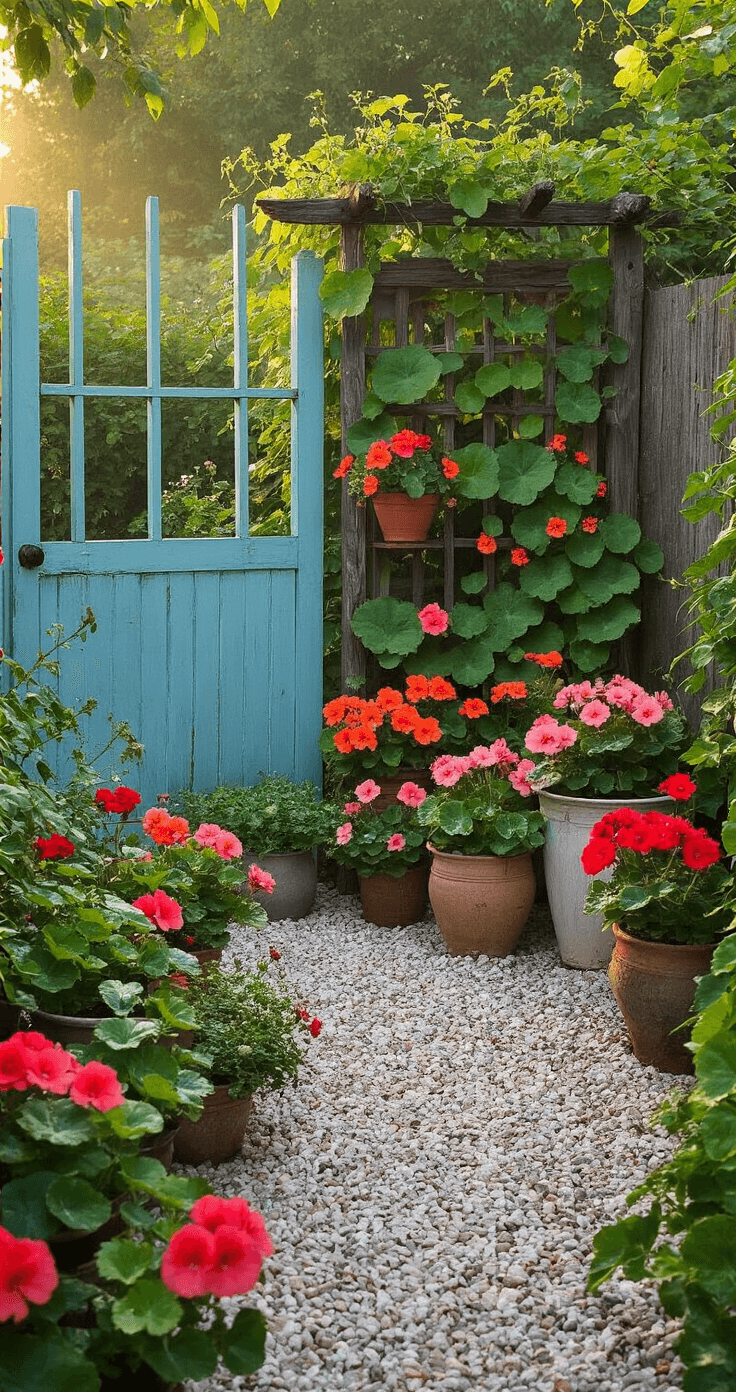 Intimate morning garden scene featuring dew-kissed flowers, a rustic vertical trellis with climbing nasturtiums, vintage containers of coral and pink geraniums, and a crushed shell pathway leading to a weathered blue garden gate, all enveloped in morning mist and illuminated by soft sunlight.