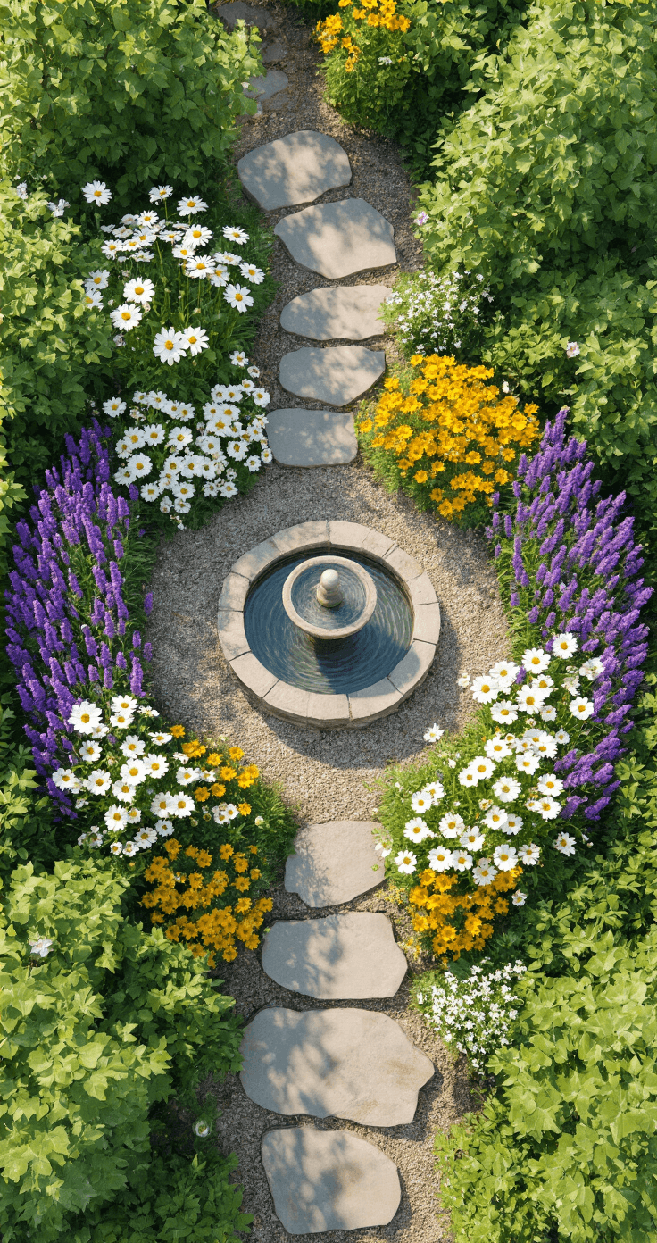 Overhead view of a compact circular cottage garden featuring a central bird bath, surrounded by vibrant mixed borders of purple salvia, white cosmos, and yellow coreopsis, with natural stone stepping stones creating organic pathways, all enjoying early afternoon light casting dynamic shadows.