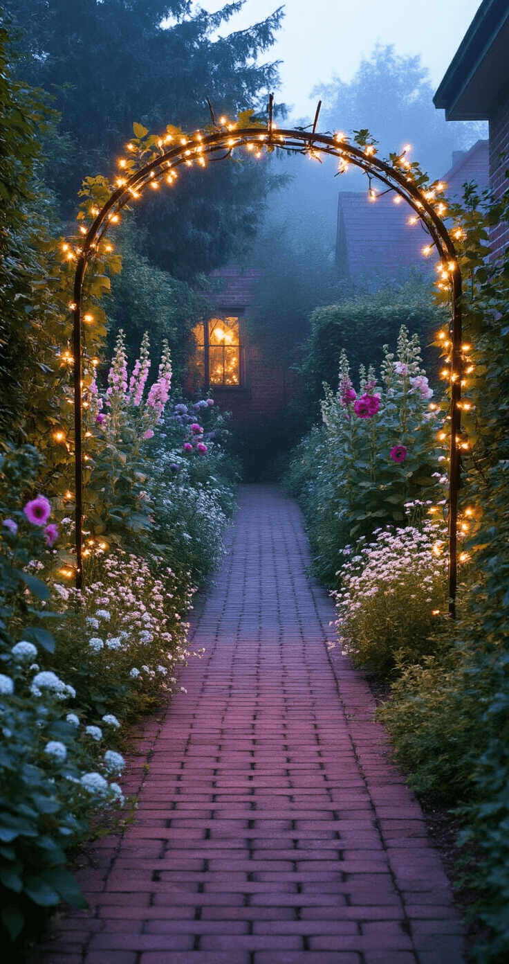 A twilight scene of a cottage garden entrance featuring an antique metal arch wrapped in fairy lights, framing a narrow brick pathway. Surrounding perennials include tall hollyhocks, mid-height phlox, and low-growing alyssum in deep burgundy, silvery sage, blush pink, and midnight blue. Warm light from copper lanterns adds to the magical atmosphere, complemented by subtle fog.