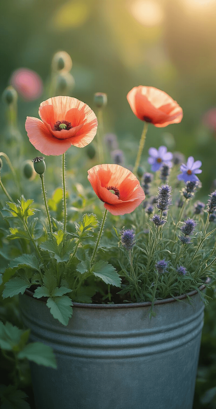Close-up of translucent poppy petals illuminated by morning light, featuring a small garden corner with overlapping plantings, a vintage zinc planter filled with trailing herbs, and contrasting textures of fuzzy lamb's ear, spiky salvias, and delicate cosmos, all in coral, silver, periwinkle, and chartreuse hues.