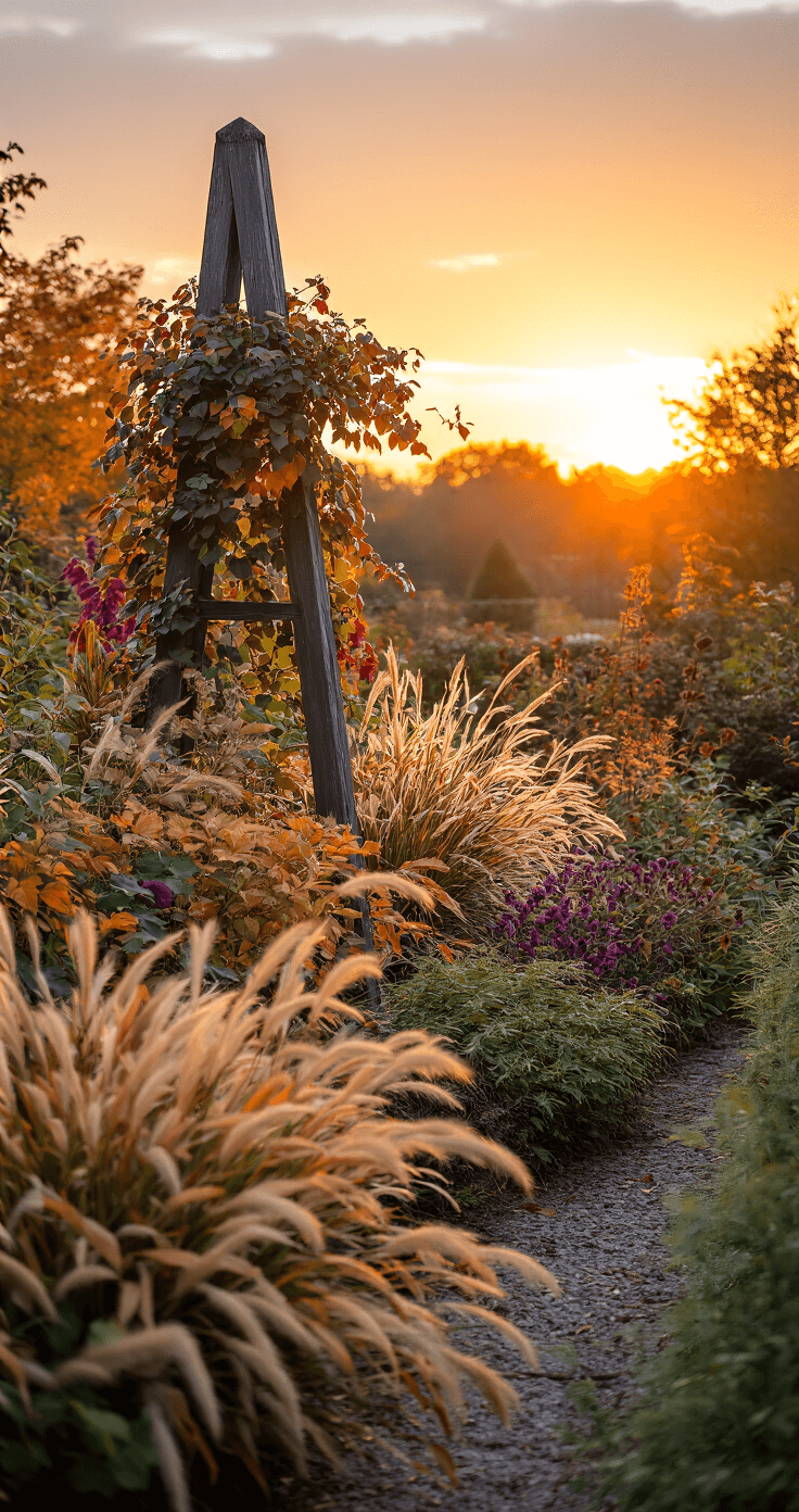 A wide-angle view of a cozy autumn cottage garden at sunset, showcasing vibrant seasonal colors. Ornamental grasses glisten in golden light, seed heads create dramatic silhouettes, and a weathered wooden obelisk draped in late-blooming clematis adds vertical interest. The warm color palette features shades of copper, amber, deep purple, and bronze, captured from an elevated angle to highlight the garden's layered design.