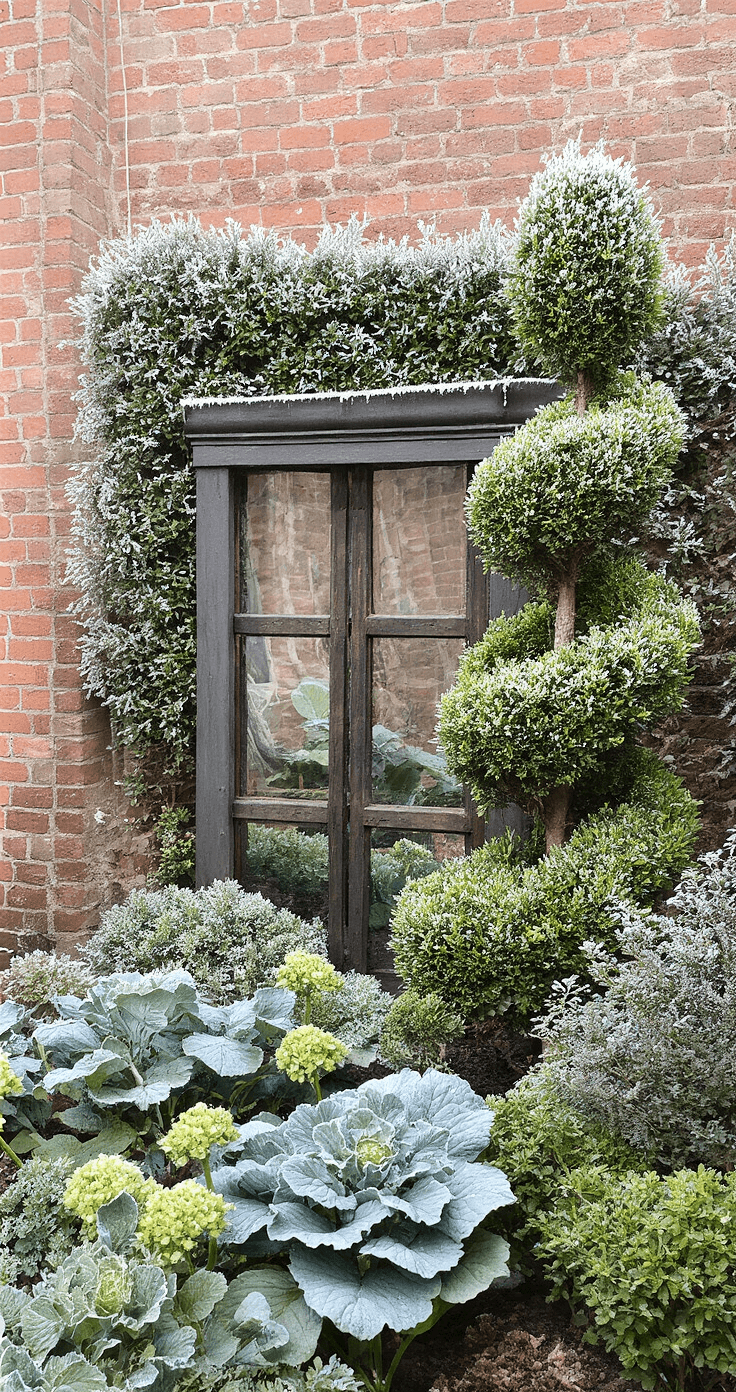 A frosty winter morning portrait of a small cottage garden featuring sculpted topiary and evergreen herbs against reclaimed brick walls, with metal mirrors reflecting light. Dried hydrangea heads and ornamental cabbage add seasonal color to the monochromatic, moody scene enhanced by dramatic side lighting.