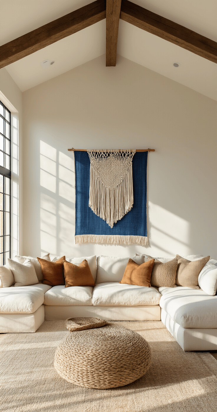 A sunlit living room featuring high ceilings with exposed wooden beams, a plush cream sectional with earthy-toned throw pillows, a large macramé centerpiece, smaller fiber art pieces, and a vibrant indigo tapestry, all on warm white walls, creating a relaxed bohemian atmosphere.