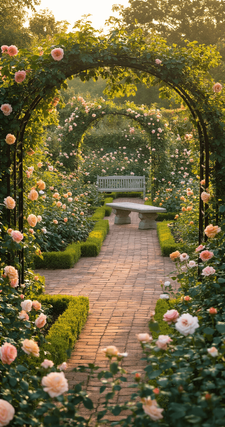 A sunlit English rose garden in golden hour light, featuring a formal layout with brick-lined gravel paths in a cruciform pattern, climbing roses on iron arches, and layered borders of David Austin roses in soft peach, cream, and dusty pink, with a heritage stone bench as a focal point, captured from an elevated angle to highlight the geometric design and texture of the flowers and hardscaping.