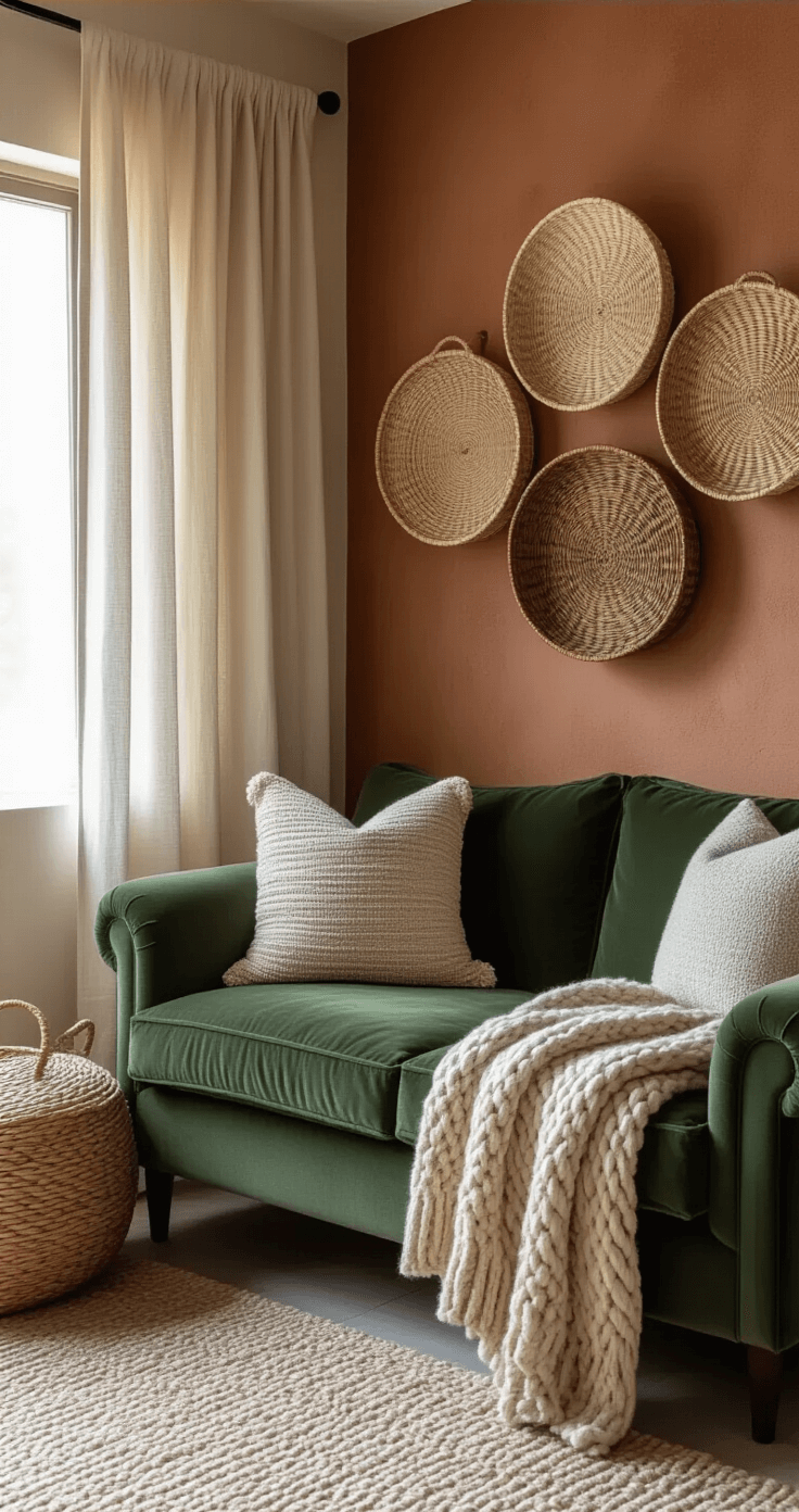 A cozy corner with warm terracotta plaster walls, featuring a deep green velvet loveseat, a basket wall of five woven baskets in varying sizes and tones, and a chunky oatmeal knit throw, all bathed in soft morning light filtered through sheer linen curtains.