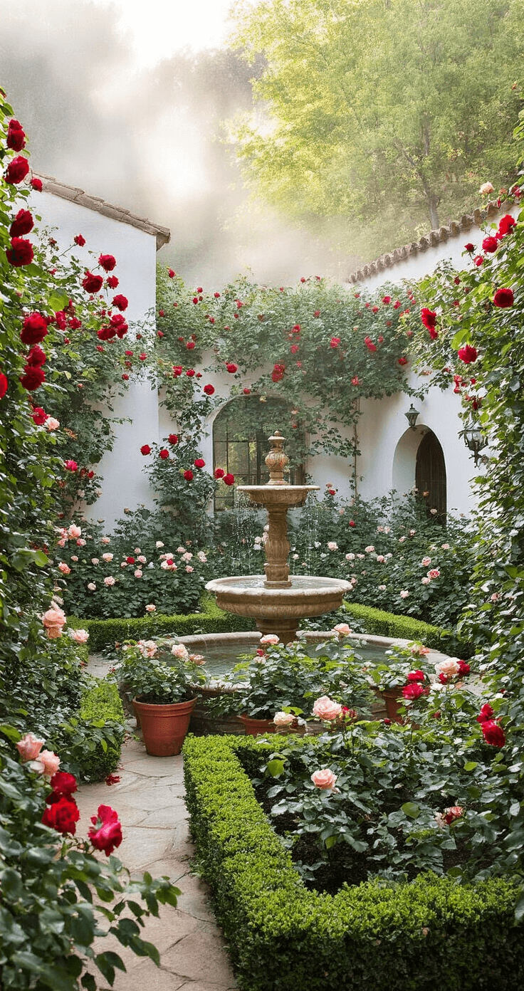 Intimate Mediterranean courtyard garden at dawn, featuring whitewashed stucco walls, terracotta containers overflowing with deep red climbing roses, and an antique stone fountain surrounded by boxwood parterre filled with hybrid tea roses. Copper garden accessories glint in the soft morning light, with cool blue tones casting dramatic shadows across the textured walls, creating a misty, ethereal atmosphere.