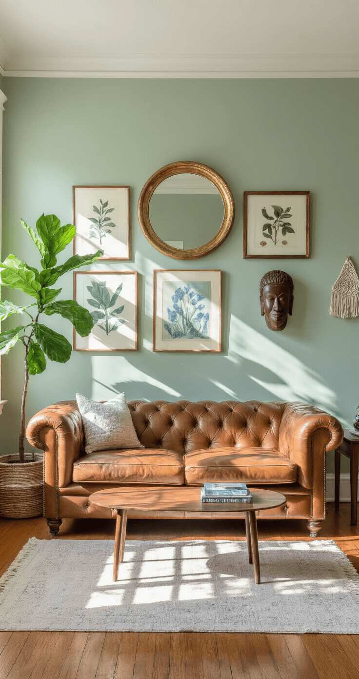 An eclectic living space featuring pale sage green walls, original hardwood floors, and a camel leather Chesterfield sofa. A gallery wall showcases framed vintage botanical prints, a modern abstract piece, a macramé artwork, a round gilt mirror, and a carved wooden mask. Mid-morning light filters through a fiddle leaf fig, casting dappled shadows.