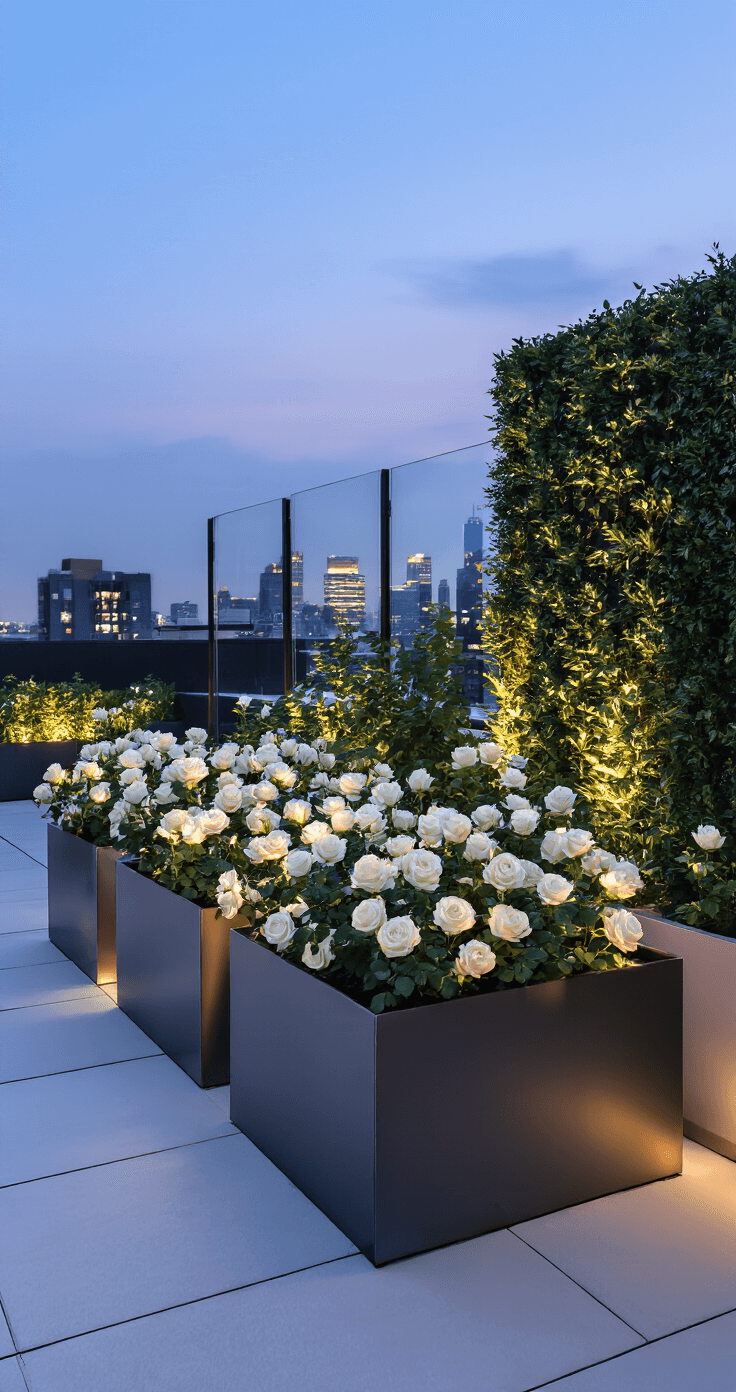 A modern minimalist rooftop rose garden at twilight, featuring steel planters with structured white roses, dark foliage, and LED uplighting. The scene captures clean lines and mixed materials, with glass wind barriers reflecting city lights in a dramatic evening setting.