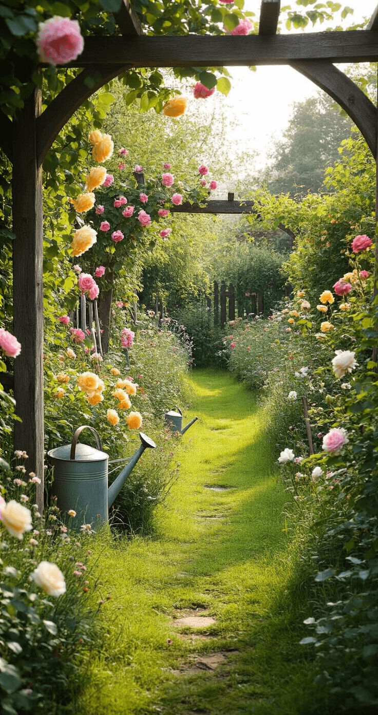 A vibrant cottage garden featuring blooming pink, yellow, and white rambling roses cascading over rustic wooden arbors, meandering grass paths, and scattered vintage metal watering cans and weathered tools, all captured from ground level in bright, natural light to evoke a romantic, nostalgic atmosphere.