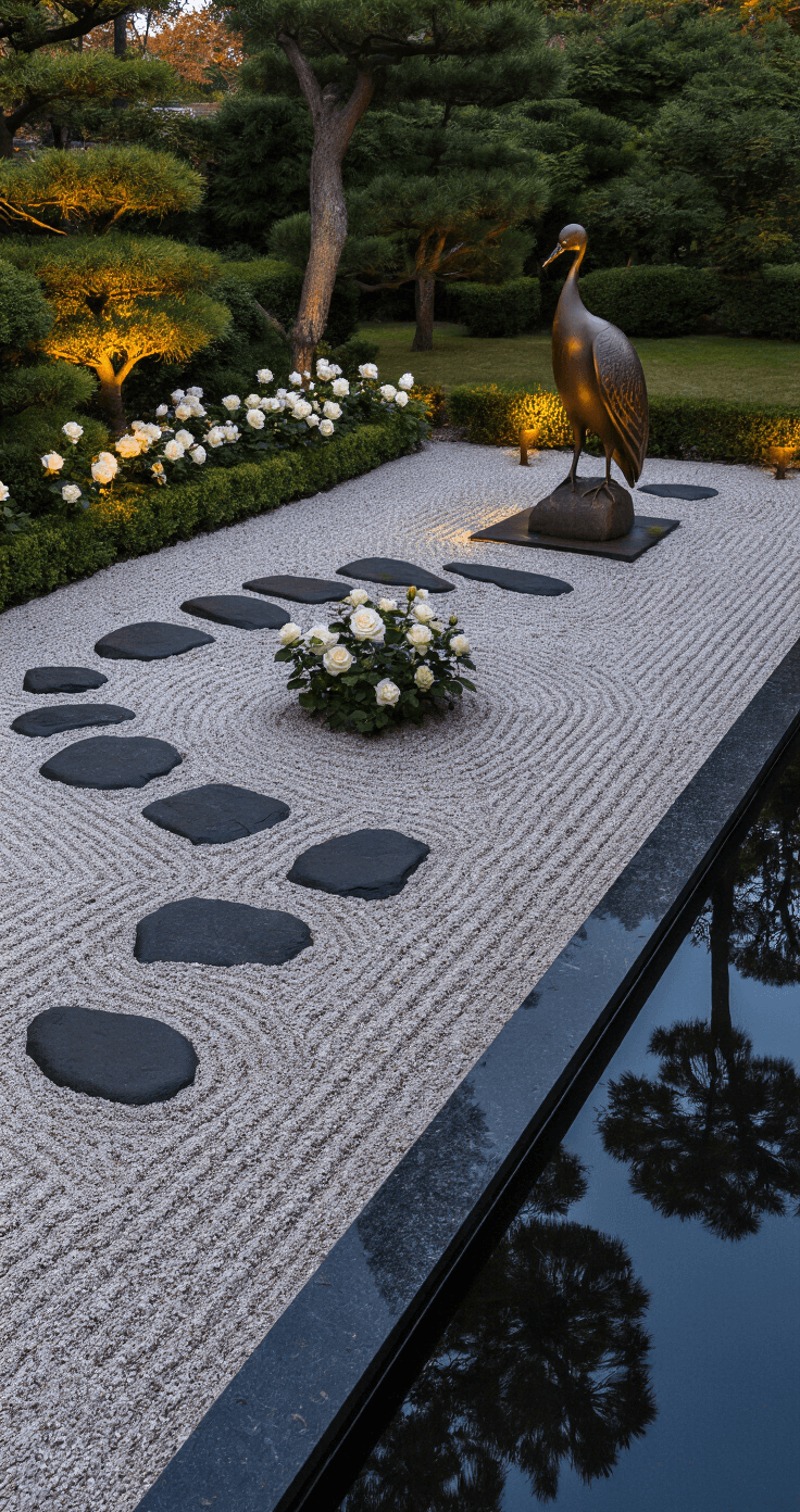 A serene Japanese-inspired rose garden at dusk, featuring a raked gravel path with minimal white iceberg roses, dark pruned pines, a bronze crane sculpture, and a clear reflection pool edged in black granite, viewed from a zen platform. The subdued lighting creates a meditative atmosphere.