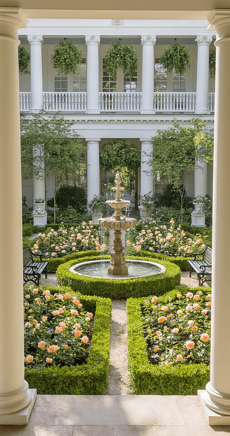 Aerial view of a Southern formal rose garden featuring boxwood-edged beds with heritage roses in coral, apricot, and blush tones, centered around a limestone fountain, with wrought iron benches at crossing points and bright, clear lighting highlighting the elegant design.