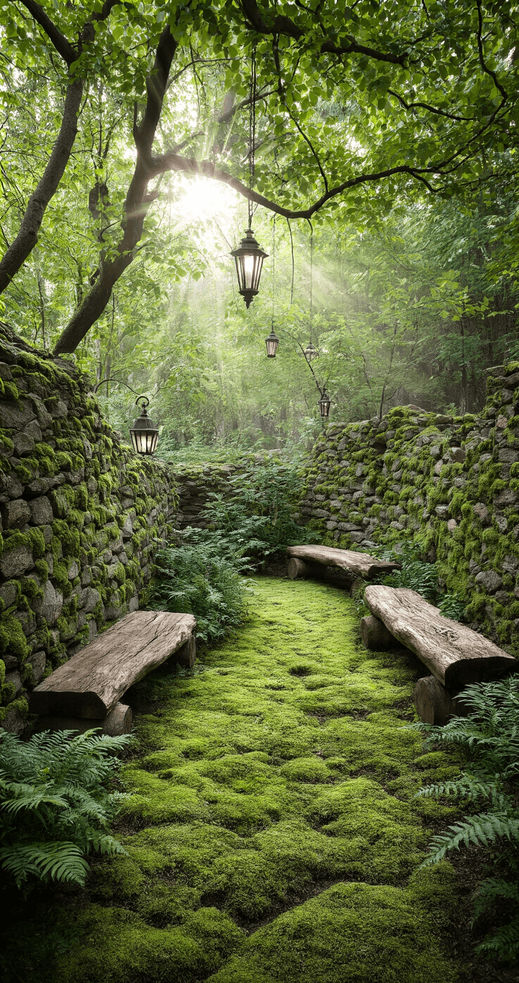 A serene woodland rose garden featuring old garden roses in mauve, purple, and wine shades, surrounded by moss-covered stone walls and rustic log benches. Native ferns cover the ground, and vintage lanterns hang from tree branches, with ethereal light rays filtering through the dappled tree canopy, creating an enchanted forest atmosphere.
