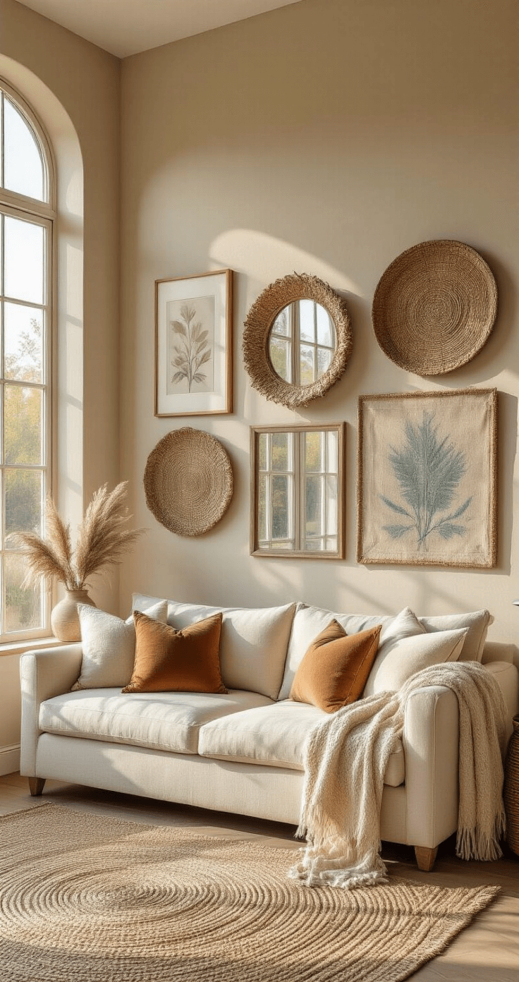 A sunlit living room with high ceilings, featuring a cream linen sofa and a gallery wall of eclectic framed artwork, woven baskets, and vintage mirrors against a taupe backdrop, accented with a jute rug, velvet throw pillows, and a chunky knit blanket.