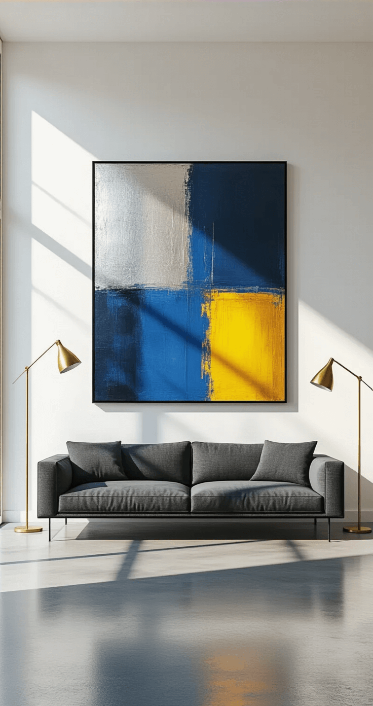A modern minimalist living room featuring white walls and polished concrete floors, with a charcoal gray sofa under an oversized abstract painting in bold colors, two brass floor lamps providing warm light, and long morning shadows enhancing the space's texture.