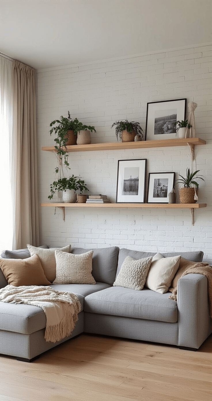 A cozy Scandinavian-inspired living room featuring a plush gray sectional sofa adorned with hygge-style pillows, warm wood floors, and a white brick accent wall, illuminated by soft afternoon light filtering through sheer curtains. Above the sofa, light oak floating shelves display potted plants, black and white photographs, and decorative objects, with a macramé wall hanging adding texture.