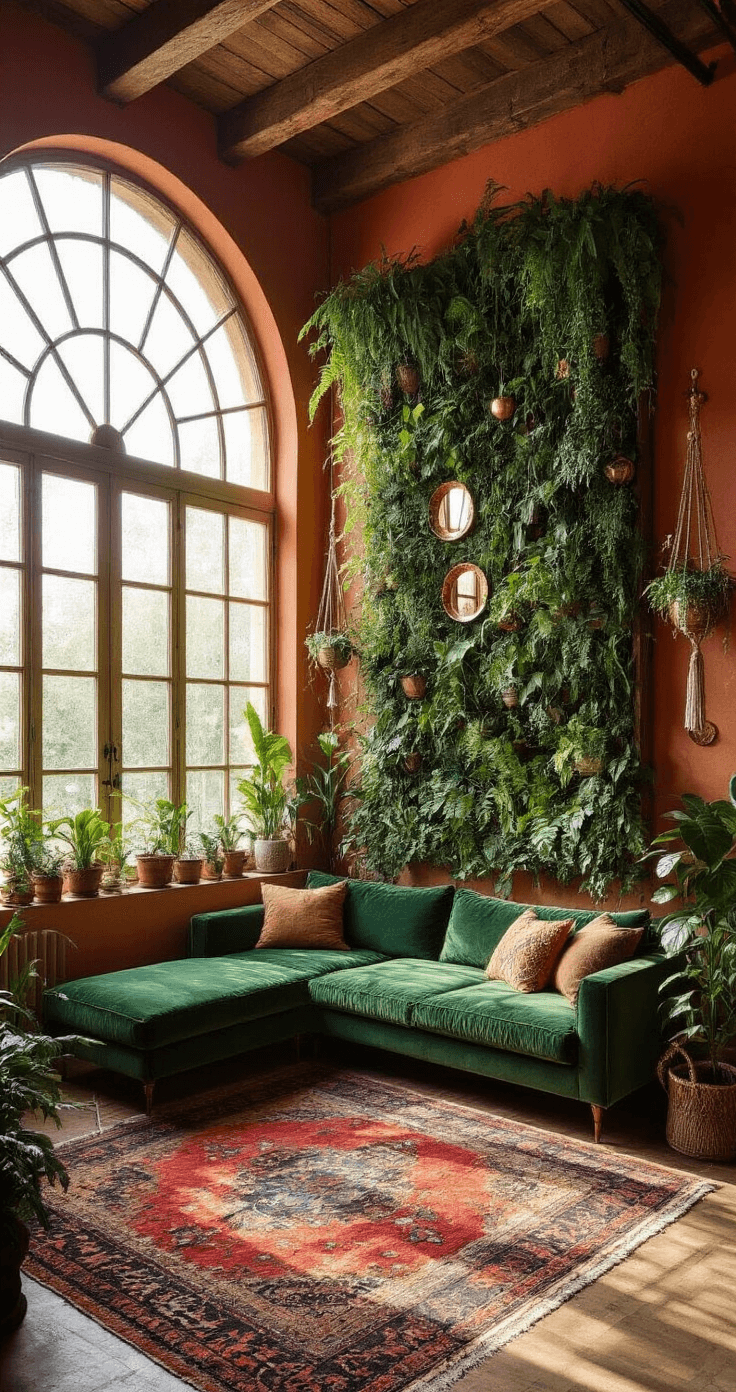 An eclectic bohemian living space with high ceilings, featuring a deep green velvet sofa, vibrant Moroccan rug, and a lush vertical garden of ferns and pothos, illuminated by golden hour sunlight through large arched windows.