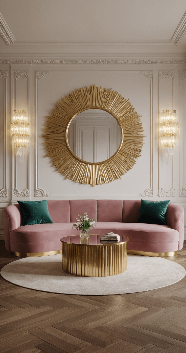 A glamorous Art Deco-inspired living room featuring a curvaceous blush pink velvet sofa, intricate gold-framed oversized mirror, and smaller sunburst mirrors on a jewel-toned statement wall, with herringbone hardwood floors and ambient lighting from crystal sconces.