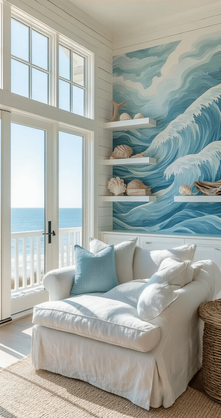 A bright coastal living room with whitewashed wood plank walls and large windows overlooking the ocean, featuring a pale blue-gray linen slipcovered sofa, a floor-to-ceiling abstract wave mural in shades of blue and white, and floating shelves adorned with seashells and driftwood.