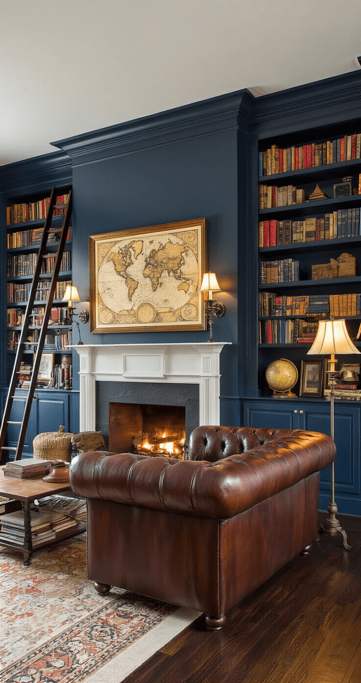 A cozy living room with dark hardwood floors, featuring a deep leather Chesterfield sofa, floor-to-ceiling navy blue bookshelves filled with colorful books and curios, and a vintage map above the fireplace, illuminated by warm lamplight.