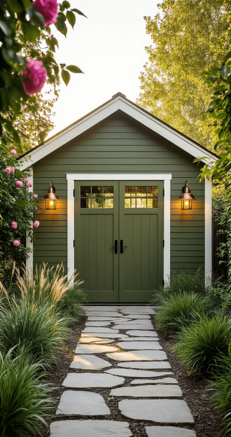 A modern garden shed with olive green siding and white trim, highlighted by golden hour sunlight, featuring a natural stone pathway, weathered copper light fixtures, climbing roses, and ornamental grasses, shot from a low angle to emphasize depth and detail.