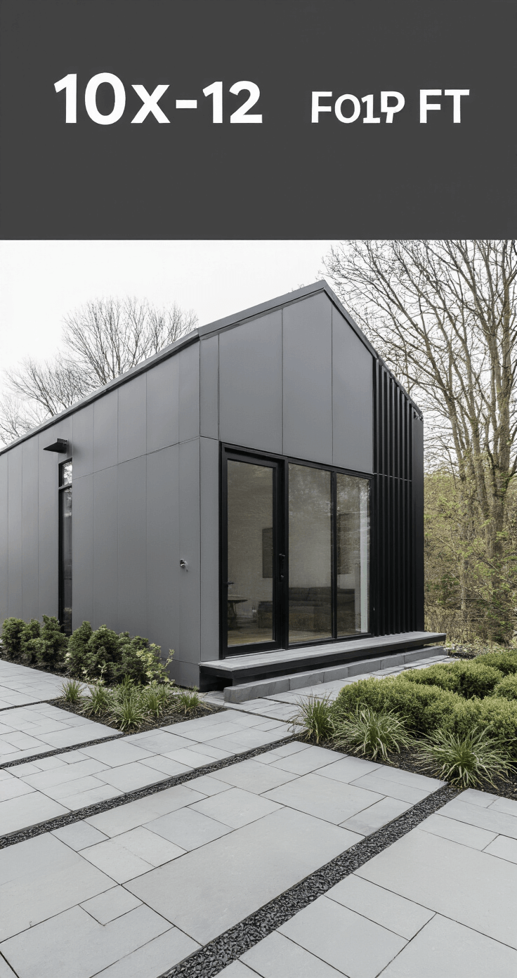 Contemporary gray shed with black accents, featuring floor-to-ceiling windows and geometric plantings, set on a bluestone patio in a zen garden, captured in soft diffused morning light from an elevated angle.