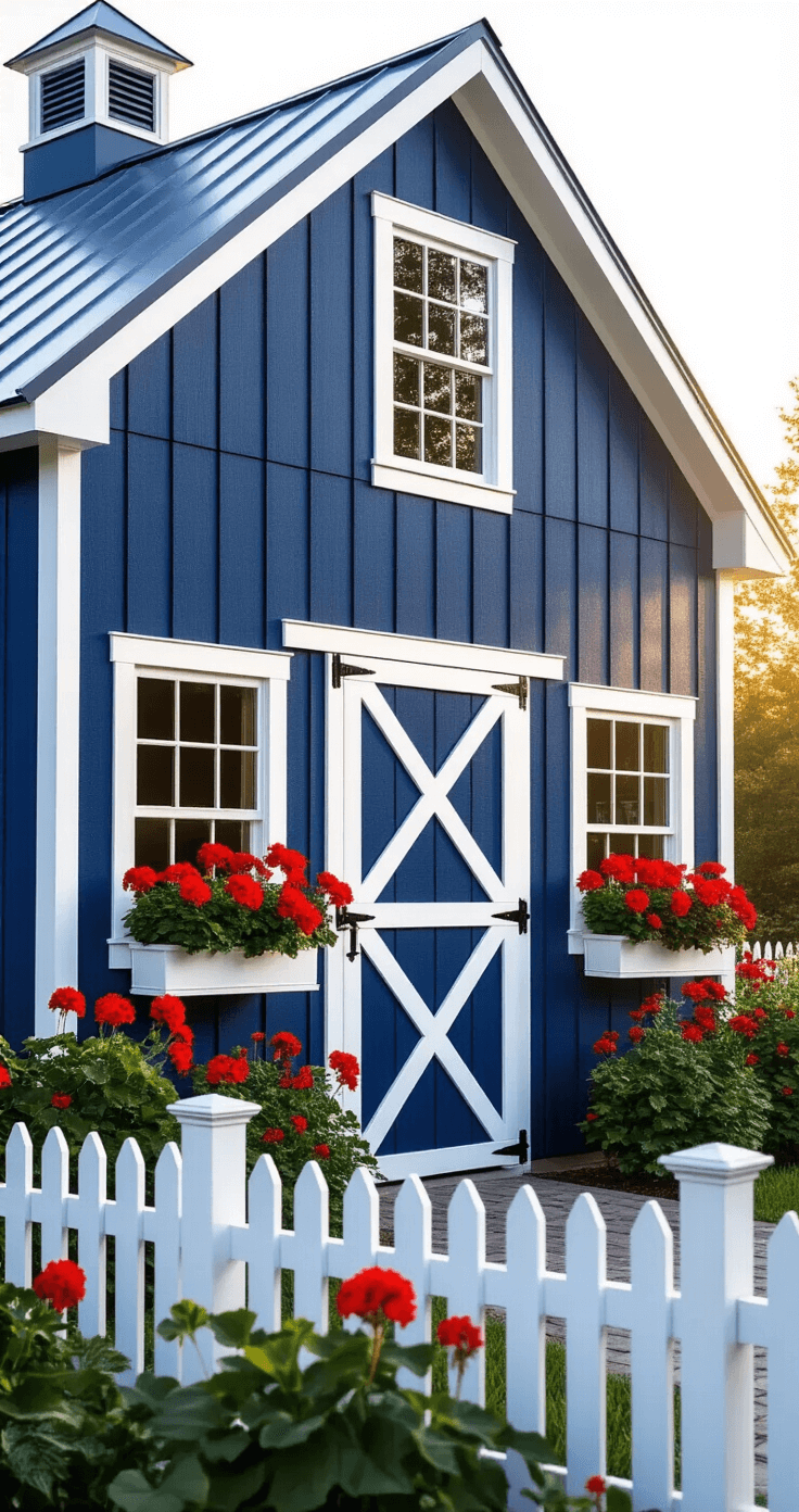 A classic barn-style shed in bold navy blue with white trim, featuring x-brace doors and window boxes of red geraniums, framed by a white picket fence and cottage garden at sunrise, showcasing dramatic shadows and rich textures.