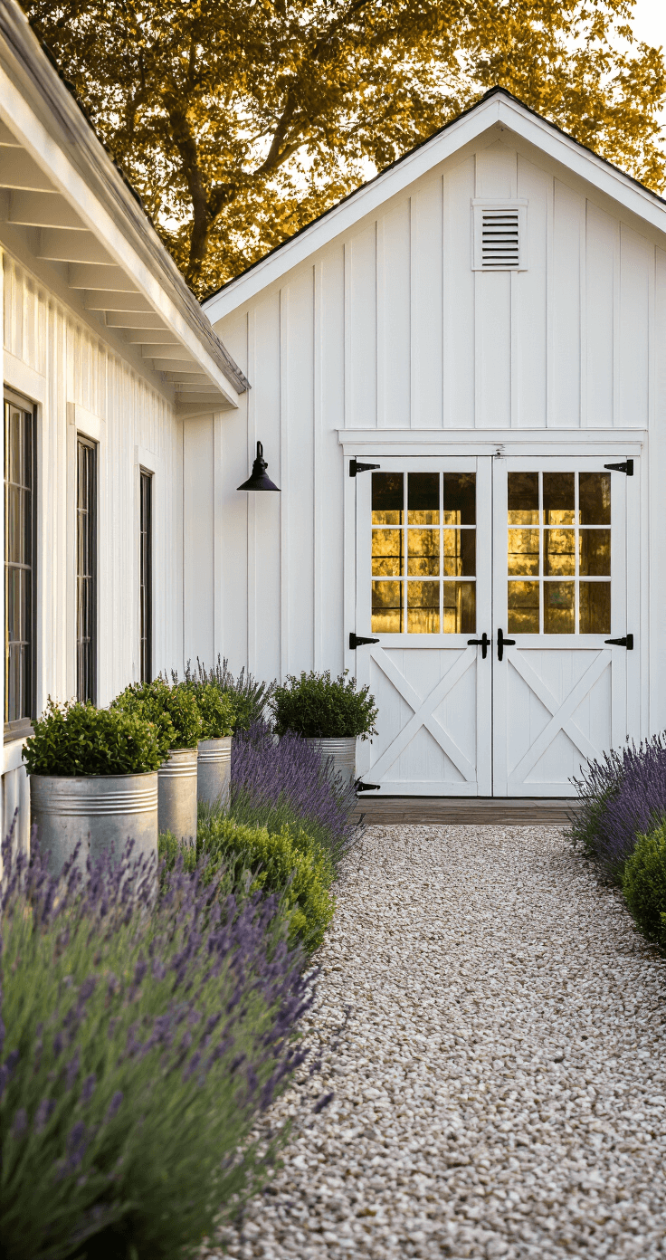 Farmhouse-style shed with white board-and-batten siding and matte black hardware, surrounded by lavender and boxwood flower beds, featuring a Dutch door and vintage galvanized containers with trailing vines, captured at golden hour with a low angle emphasizing vertical lines and a warm backlight.