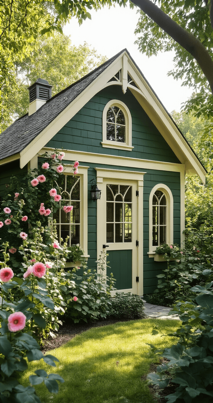 A corner view of a forest green shed with cream trim, featuring Victorian-style details like decorative gable trim and arched windows, surrounded by an English cottage garden filled with climbing roses and hollyhocks, with dappled midday sunlight creating shadow patterns on the painted surface.