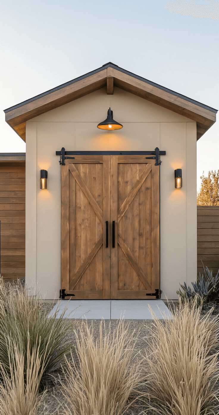 A modern-rustic 12x12 ft shed in warm beige with natural wood doors, featuring a horizontal cedar accent wall and black metal hardware, illuminated by golden hour light. The surrounding drought-tolerant landscape includes grasses and succulents, with eye-level view highlighting clean lines and texture contrasts.