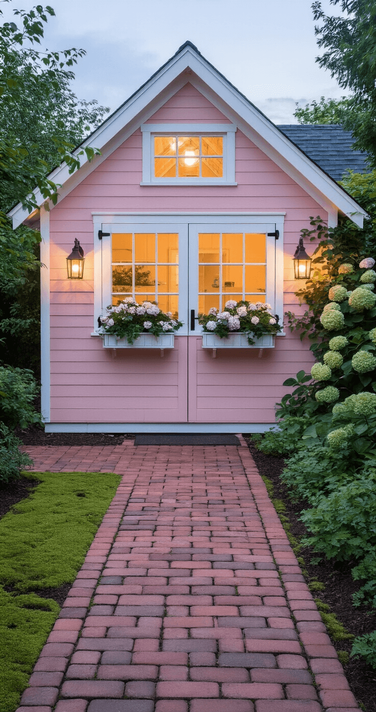 Charming 8x12 ft garden shed in soft clay pink with white trim at twilight, featuring vintage-style window boxes and lanterns, surrounded by climbing hydrangea and a moss-edged brick pathway. The shot, taken from a slight elevation, highlights the roof lines and garden context, showcasing warm interior light contrasting with the cool evening ambiance.