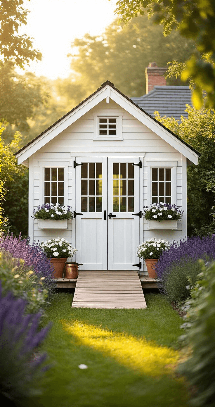 A white garden shed at sunset, angled in a lush English garden, featuring black hardware, vibrant flower boxes, a wood ramp, and pale pink climbing roses, with vintage decor and a blurred garden backdrop.
