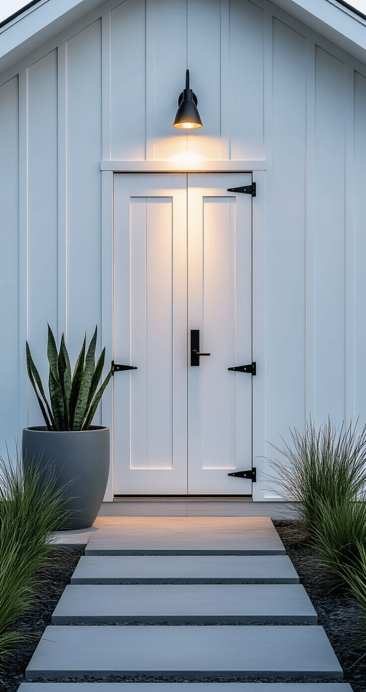 Intimate close-up of a modern white shed entrance at dawn, featuring matte black handles, morning dew on white panels, an industrial sconce casting shadows, and concrete stepping stones lined with ornamental grasses, complemented by a gray ceramic planter with a snake plant.