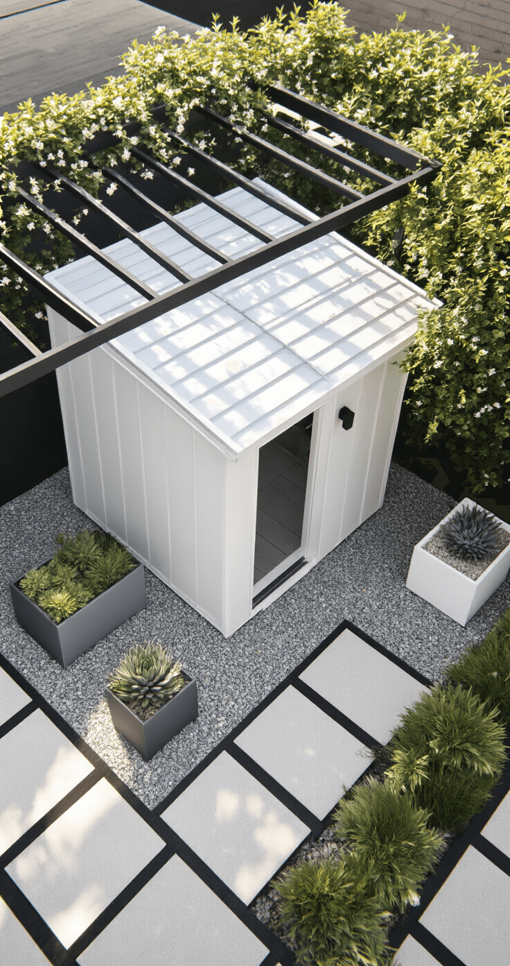 Aerial view of a compact white shed in a geometric gravel garden, featuring strong diagonal shadows from late morning sun, a black steel pergola with trailing jasmine, and sleek planters with succulents against dark pavers.
