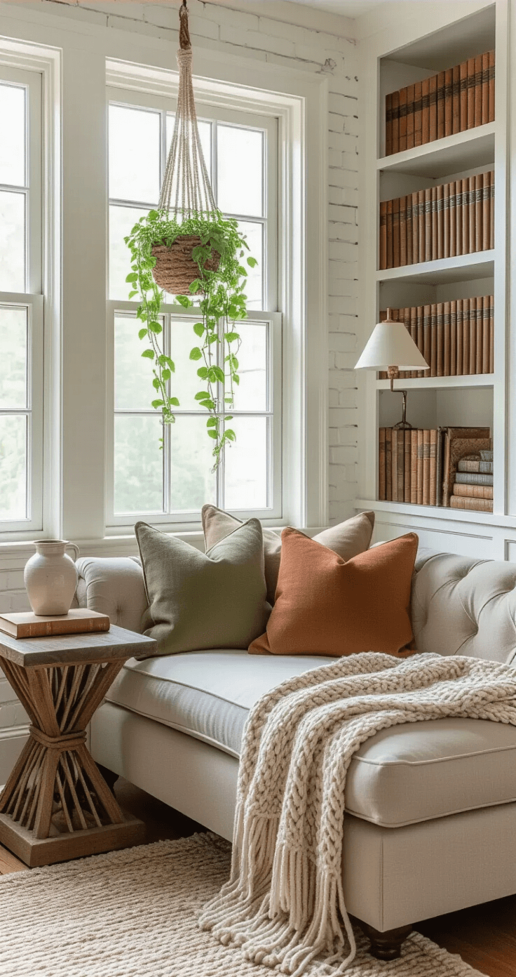 A cozy reading nook in a bay window featuring a taupe chaise lounge with olive and rust throw pillows, surrounded by white-painted brick walls and walnut bookshelves, illuminated by soft morning light. A weathered oak side table with a ceramic lamp and leather-bound books sits nearby, with a chunky knit throw draped over the chaise, and pothos plants hanging in macramé holders.