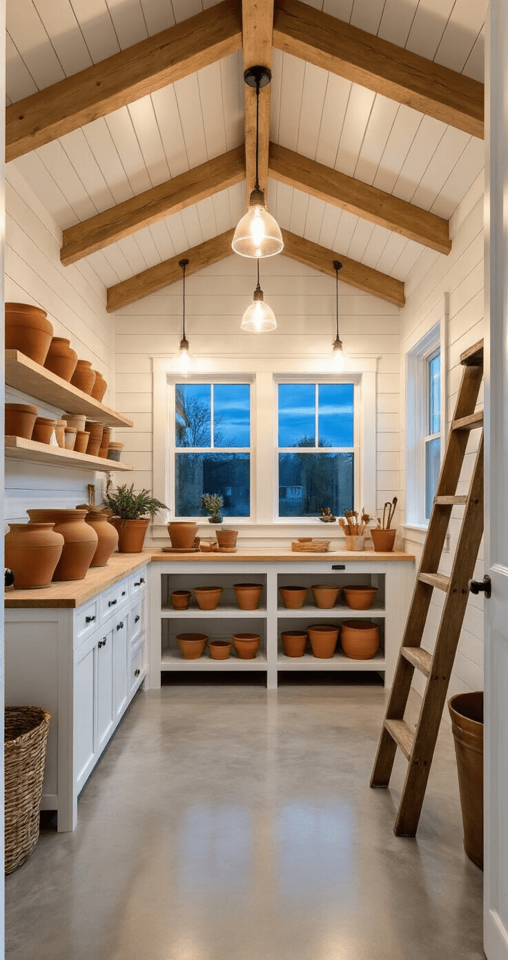 Interior view of a white garden shed workshop at twilight, featuring exposed cedar beams, shiplap walls, and a polished concrete floor. Warm pendant lights illuminate a potting bench, while open shelving showcases terra cotta pots and copper tools. A vintage wooden ladder serves as vertical storage, and a large window reveals a blue hour sky.