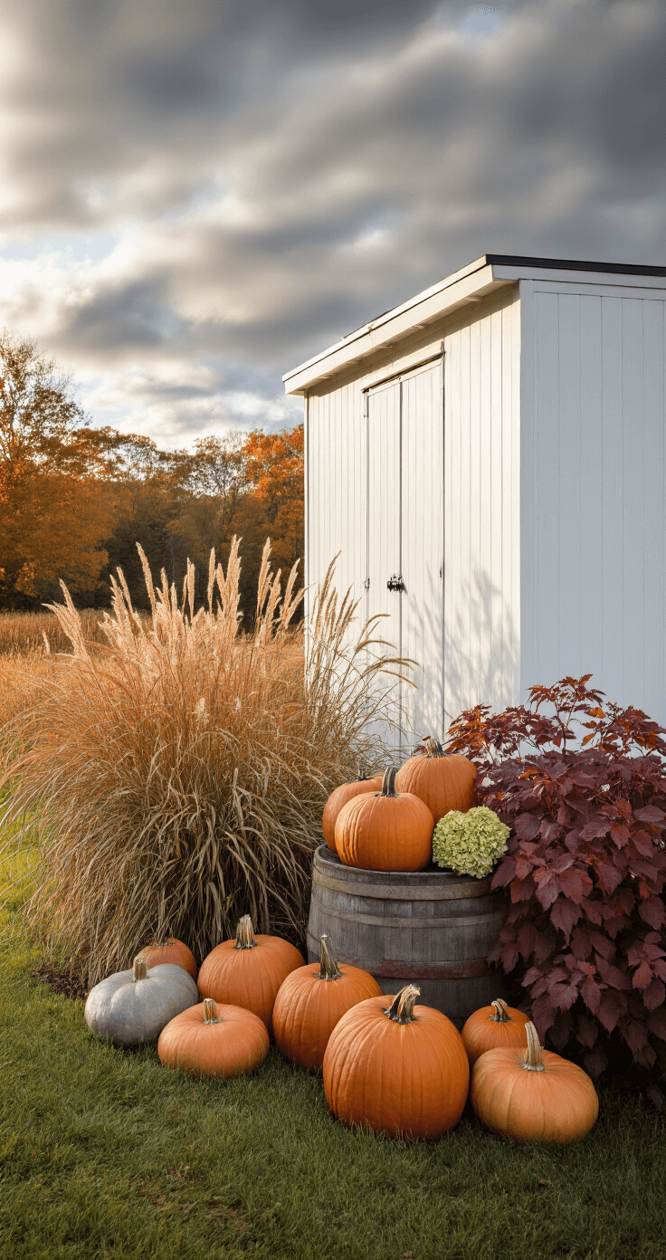 Side profile of a medium white shed surrounded by ornamental grasses and Japanese maples, with heirloom pumpkins and a weathered oak barrel holding dried hydrangeas, all set in a moody autumn landscape with dramatic clouds.