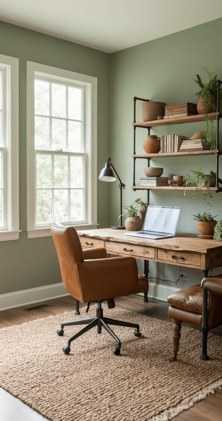Cozy home office with sage green walls, wooden desk, ergonomic cognac leather chair, hand-knotted wool rug, iron pipe shelving, curated decor, macramé wall hanging, vintage task lamps, and a low leather sofa, all bathed in diffused midday light.