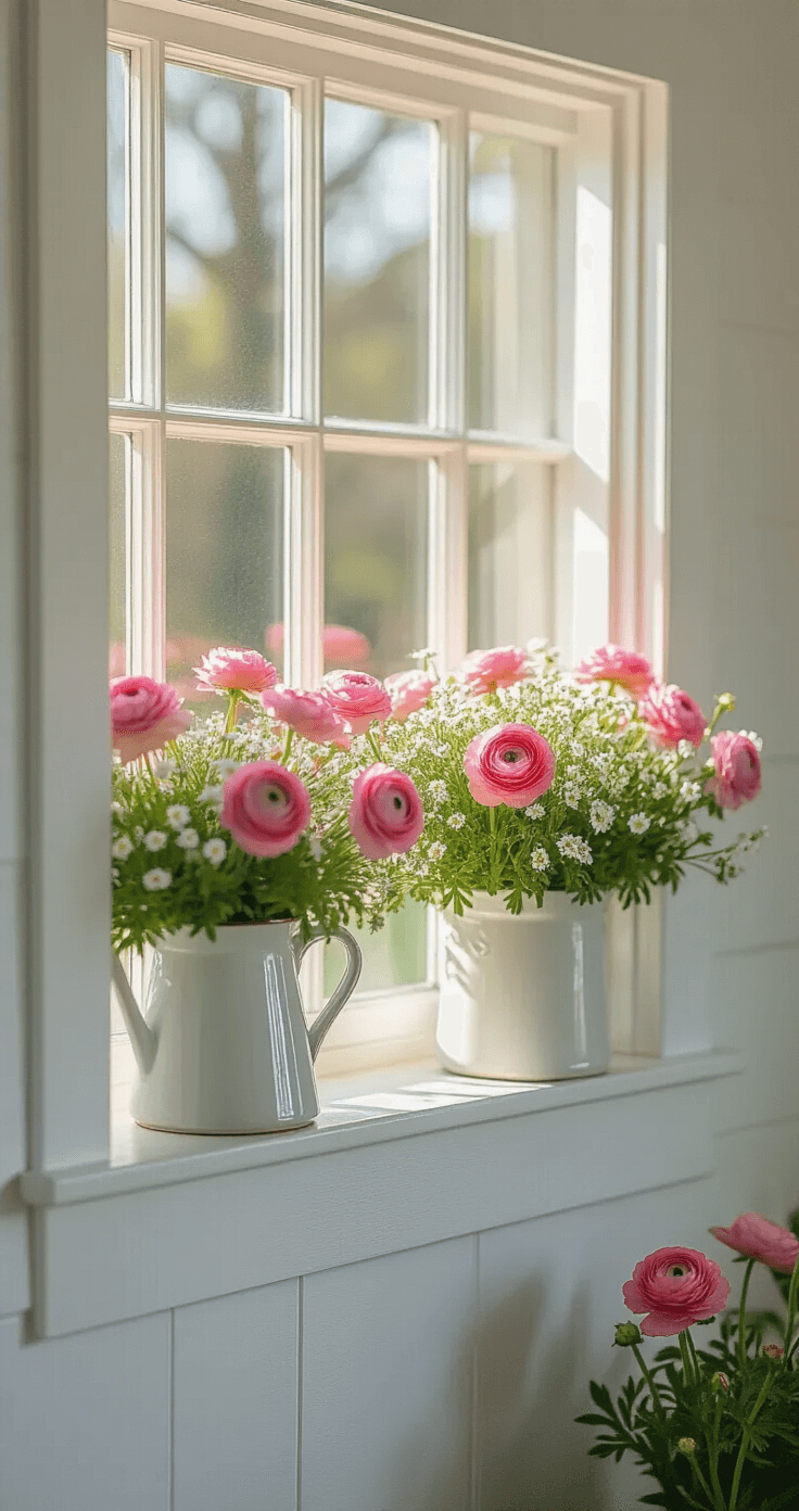 Detail shot of a white shed's window nook with divided light windows framed by crisp white trim, featuring a window box filled with pink ranunculus and white sweet alyssum, morning light creating prismatic effects, and a vintage enamelware pitcher with fresh-cut blooms on the windowsill, all captured with a shallow depth of field.