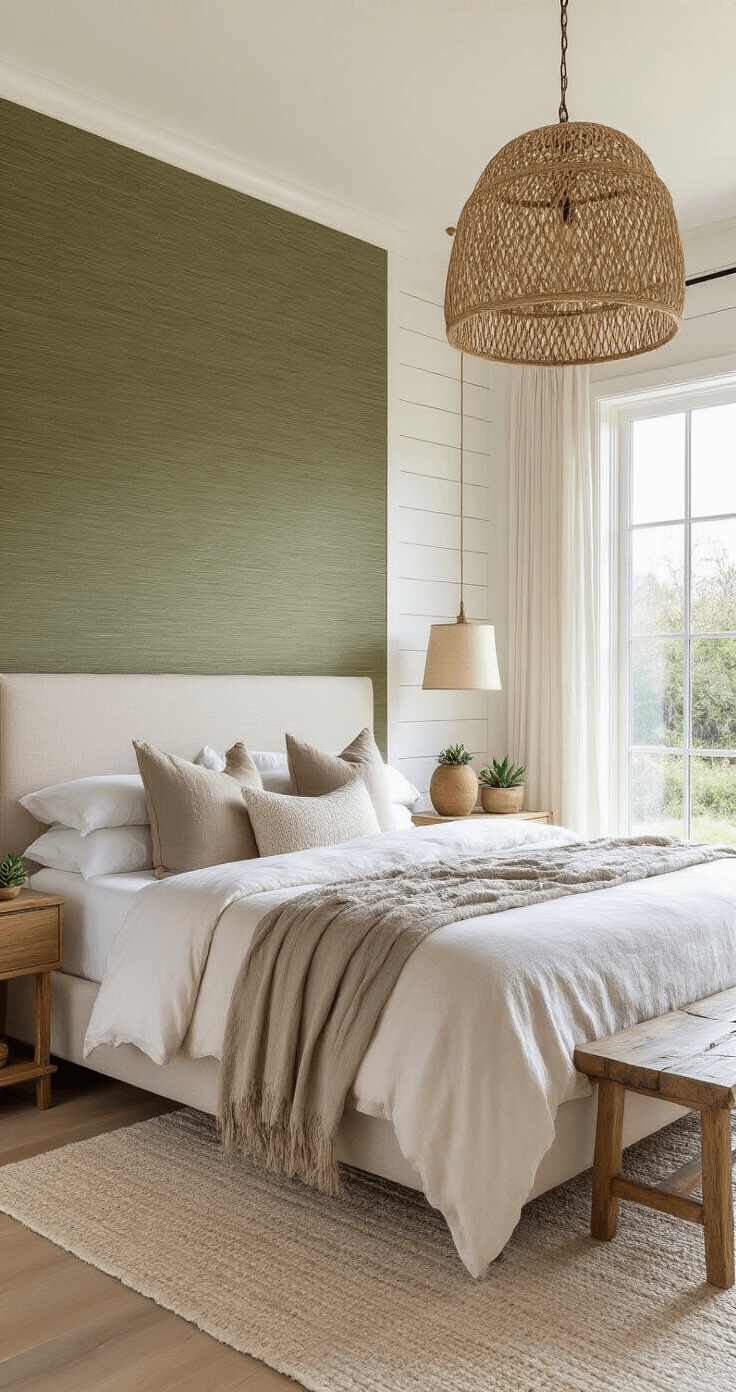 A serene master bedroom featuring whitewashed shiplap walls, a deep olive grasscloth wallpaper headboard, a king-size bed with natural linen, layered ivory and taupe bedding, raw edge wood nightstands with ceramic lamps, an oversized rattan pendant light, and large windows with linen drapes overlooking a lush garden, captured in soft dawn light.