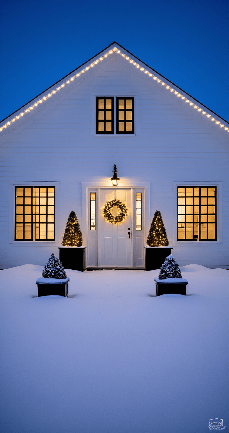 A tranquil winter scene featuring a large white shed at dusk, surrounded by fresh snow, with warm light glowing from windows, an illuminated wreath on the doors, evergreen topiaries by the entrance, and string lights outlining the roofline against a deep blue sky.