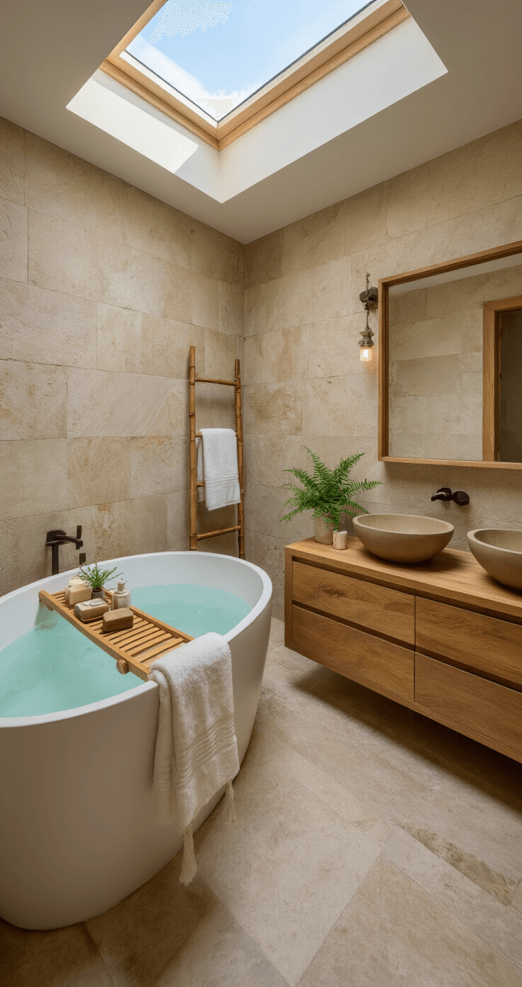 A luxurious bathroom with stone-tiled walls, a freestanding oval matte clay bathtub, a wooden bath caddy, a floating walnut double vanity with river stone sinks, a driftwood-framed mirror, bamboo towel ladder, and soft morning light from a skylight.