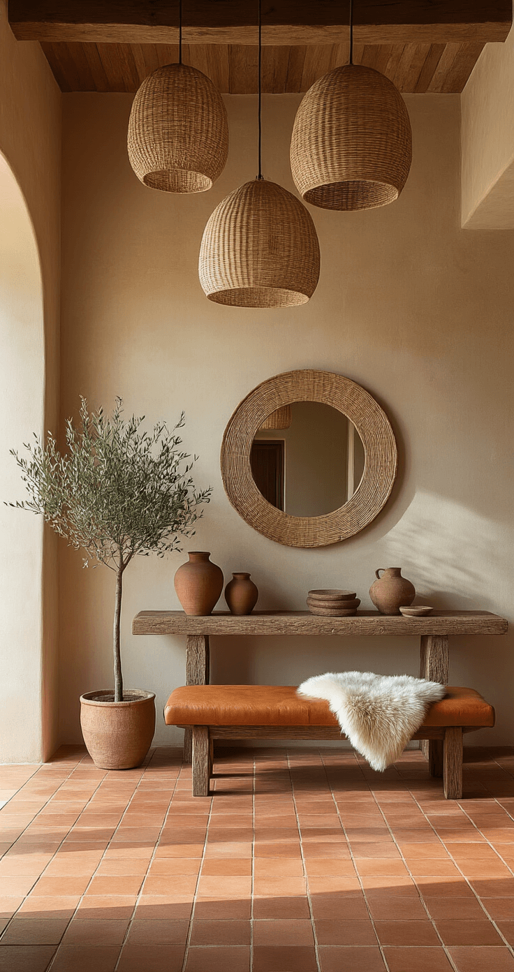 A sunlit entryway featuring terracotta tiles, a textured clay plaster wall, a reclaimed teak console table with handmade ceramics, a round rattan-framed mirror, woven pendant lights, a cognac leather bench with sheepskin throws, and a large potted olive tree in the corner.