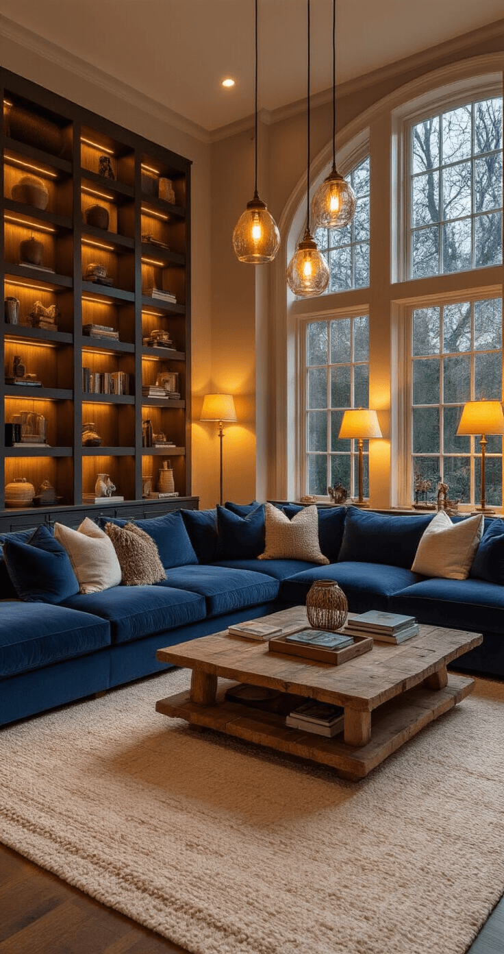 A cozy living room at dusk with golden ambient lighting, featuring a deep blue velvet sectional, brass floor lamps, a rustic wooden coffee table, backlit bookshelves, and a cream-colored area rug, all captured from the room's entrance.
