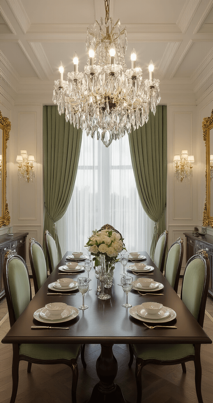 An elegant dining room featuring coffered ceilings and a chandelier, with a long dark wood table set for eight, surrounded by sage green velvet chairs, and gilded mirrors that reflect light, all illuminated by soft afternoon sunlight through sheer curtains.